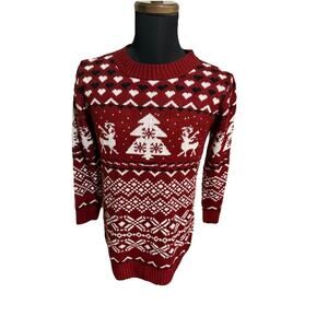 Women’s Red White Fair Isle Christmas Sweater Dress Reindeer Tree Small